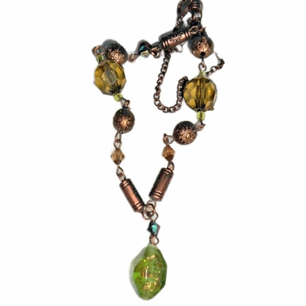Chartreuse Green Antique Copper-Colored Beaded Necklace NWT